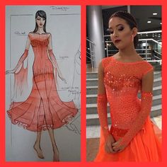 a woman in an orange dress next to a drawing of a fashion designer's gown