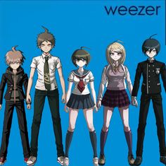 five anime characters are standing in front of a blue background with the word weezer on it