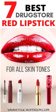 DISCOVER the 7 Best Drugstore Red Lipsticks that are Long-Lasting and for Every Skin Tone In all shades , deep red lipstick and more in this post #Bestdrugstoreredlipstickforfairskin #Bestdrugstoreredlipstick fordark skin #bestdrugstorered lipstickforoliveskin #makeupproducts #makeupguide #makeup Lipstick Types, Best Drugstore Red Lipstick, Deep Red Lipsticks, Red Lipstick Matte, Best Lipsticks, Beauty Tricks, Makeup Guide, Long Lasting Lipstick, Red Lipstick