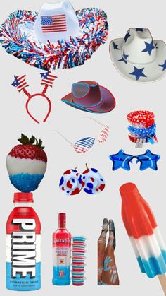 an assortment of patriotic items including strawberries, ice cream and hats