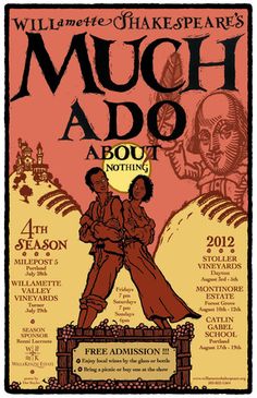 an advertisement for shakespeare's much ado about nothing, with two men hugging each other