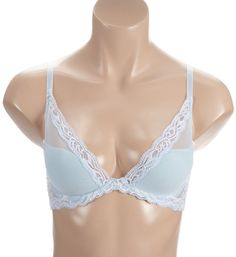 This deep plunge bra features a beautiful scalloped lace trim along a stretch mesh overlay, helping to give you a truly pretty look. Seamless sides for a smooth look under clothes. Very comfortable, and light as a feather! Contour underwire cups with light padding support and shape your breasts. All lace trim has a soft texture. Cups are covered with mesh overlay. Straps are set wide for a sexy, open neckline. Lace with embroidered "feathers" on the sides, back and center panel. Wide-set elastic Underwire Bra With Lace Bodice, Fitted Low-cut Bra For Weddings, Low-cut Lace Trim Bra, Fitted Low-cut Wedding Bra, Low-cut Fitted Wedding Bra, Fitted Lace Bra In Light Blue, Elegant Light Blue Bra, Elegant Blue Bra With Lace Trim, Fitted Blue Bra With Lace Closure