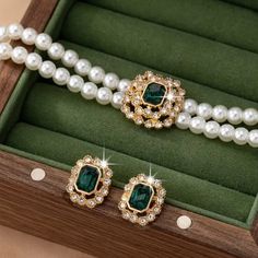 Elegant Luxury Style Double Row Faux Pearl Necklace And Stud Earrings Set With Rhinestone Embellishments And Square Acrylic Green Gems Versatile Jewelry Luxury Green Pearl Necklace As Gift, Luxury Green Traditional Pearl Earrings, Luxury Green Pearl Earrings Elegant, Luxury Green Pearl Necklace With Pearl Charm, Luxury Green Pearl Earrings, Elegant Style, Royalty Dr, Rhinestone Embellishments, Versatile Jewelry, Faux Pearl Necklace