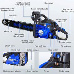 the parts of a chainsaw are shown in blue and black, with instructions on how to use it