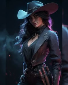 a woman wearing a cowboy hat and leather outfit