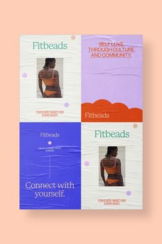 the front and back covers of fitbeads magazine on a pink background with an image of a woman's torso in four different colors