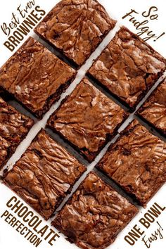 chocolate brownies cut into squares on top of each other with the words below it