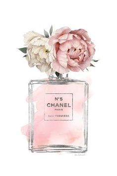 chanel no 5 perfume bottle with pink and white peonies on the top