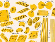 yellow and white pattern with different types of pasta