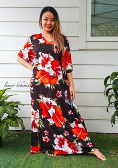 "Measurement and detail: 👉Fabric: 100% Breathable and Comfy Rayon 👉Special Feature:  Adjustable rope around the waist to tighten the kaftan 👉Size: One Size Fits Most (M-4XL) Extremely comfy  👉Boho/Hippie /Hawaiian/Beach/Tropical Theme 👉Length of Dress: 55\" 👉Width of Dress: 45\" 👉Bust 60\"-90\" 👉The back is identical to front pattern 👉Great for wearing while doing arts, crafts, relaxing at your home or feeling tropical vibes. ------------------------------------------- 🌸Care Instructio Tropical Style Short Sleeve Maxi Dress With Tropical Print, Tropical Short Sleeve Maxi Dress With Tropical Print, Tropical Print Short Sleeve Maxi Dress, Tropical Floral Print Short Sleeve Maxi Dress, Red Tropical Print Dress For The Beach, Tropical Floral Print Maxi Dress With Short Sleeves, Red Tropical Print Dress For Beach, Red Tropical Maxi Dress For Beach Season, Tropical Maxi Dress With Short Sleeves