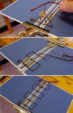 four pictures showing how to make a bow with wire and wood strips on the sides