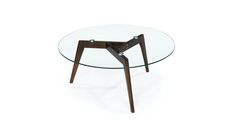 an oval glass table with wooden legs and a circular glass tabletop on the top