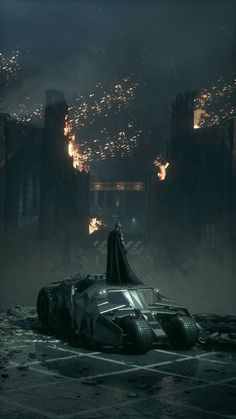 the dark knight batmobile in batman arkvani's cityscape at night