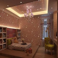 a bedroom decorated in pink and gold with stars on the ceiling, moon - shaped wallpaper