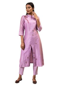 Lavender chanderi front open straight kurta with floral embroidery. Paired with coordinating straight pant. - Aza Fashions Spring Salwar Kameez With Dori Work, Fitted Purple Salwar Kameez With Floral Embroidery, Designer Wear Straight Kurta Churidar For Spring, Designer Wear Churidar With Straight Kurta For Spring, Spring Wedding Purple Kurta, Designer Churidar With Floral Embroidery, Spring Festive Purple Salwar Kameez, Fitted Kurta With Cutdana For Spring, Elegant Spring Kurta With Dori Work