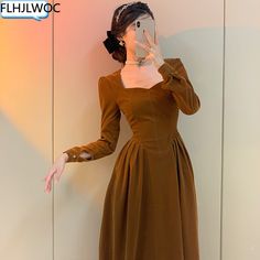 Retro High Waist French Square-Neck Cotton Corduroy Dress Vintage Women Elegant Annual Meeting French Style Party, Square Neck Long Dress, Women French Style, French Dresses, Party Midi Dress, Midi Dress Elegant, Womens Vintage Dresses, Annual Meeting, Foto Vintage