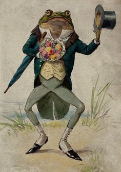 a frog dressed as a magician holding a magnifying glass and flower bouquet in his hands