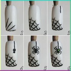 Step by step how to paint spider and spider web on nails for Halloween Cobweb Nail Art, Step By Step Nail Designs, Easy Halloween Nails Design, Halloween Nail Art Tutorial, Halloween Nails Diy, Nail Art Halloween