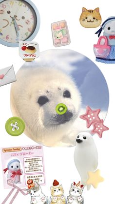 the polar bear is surrounded by other toys