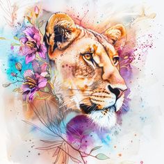 a watercolor painting of a tiger with flowers on its head and behind it's face