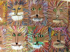 an art project made with colored pencils and crayons depicting cats'faces