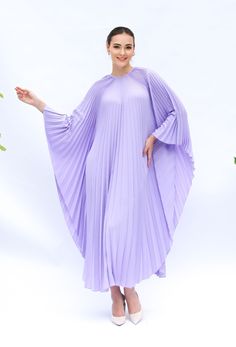 "A special collection with pleated kaftan in fan-style will bring the best \"new\" look for any occasions you may attend. Classic but chic !. It's totally smoothly flowy, soft and gentle touch. FEATURES - lavender lilac, light purple - Pleated - Personal Custom Made - Full Length Kaftan  - Designer Silk Kaftan - Plus Size and Custom Length - Resort Wear, Beach Wear, Lounge Wear, Pool Cover Up Kaftan - Boat Neck -------------------------------- DETAIL  * The maximum length : 134 CM ( please be no Festive Purple Wedding Kaftan, Festive Long Purple Kaftan, Elegant Long Purple Kaftan, Elegant Purple Long Sleeve Kaftan, Elegant Floor-length Purple Kaftan, Lavender Wedding Dress, Forest Wedding Dress, Fan Style, Silk Kaftan