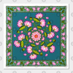 a square scarf with pink flowers and green leaves on a blue background in the center