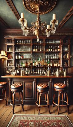 an old fashioned bar with stools and chandelier