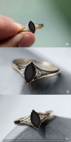 two different views of an engagement ring with black stone and diamonds on the side, in gold