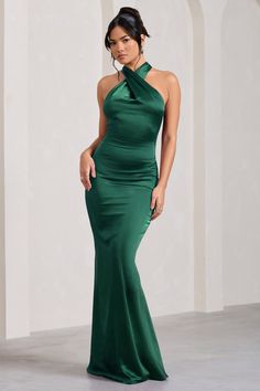 Unstoppable Bottle Green Satin Cross Over Halterneck Maxi Dress – Club L London - USA Midi Bridesmaid Dress, Club L London, Hourglass Silhouette, Black Dress Prom, Fishtail Skirt, Black Tie Gala, Party Dress Long Sleeve, Black Sequin Dress, Bottle Green