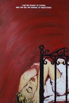 a painting of a woman laying in bed with her head on the floor behind bars