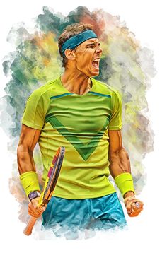 a painting of a man holding a tennis racquet and wearing a green shirt