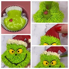 there is a green cupcake decorated like a grin face with yellow eyes and mouth