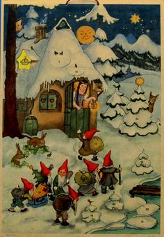 an image of a christmas scene with gnomes in the snow