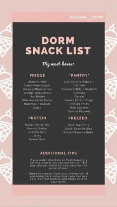 the dorm snack list is shown in pink and black