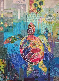 a turtle made out of different colored papers and paper collages on a wall