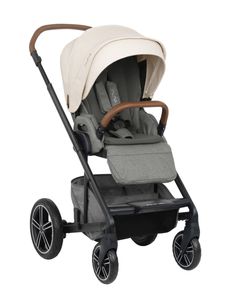 a stroller with wheels and a seat on the front, in grey and white