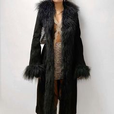 Afghan Coat Black, Goth Fur Coat, Black Afghan Coat, Goth Winter Fashion, Afghan Coat Outfit, Witchy Aesthetic Outfit, Winter Goth Outfits, Coats With Fur