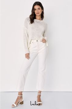 We just can't get enough of the Levi's Wedgie Straight White High-Rise Cropped Jeans! Sturdy denim (in Levi's In the Cloud's wash) forms these incredibly cute and on-trend jeans with a five-pocket cut, belt loops, and high-waisted fit. Branded top button and hidden button fly top straight pant legs with cropped hems. Red logo tag and leather patch at back. Fit: This garment fits true to size. Length: Ankle length. Size 28 Inseam: 27.00 Front Rise: 10.00 Waist: Fitted - very fitted at natural wai Trend Jeans, Lulu Fashion, Jean Trends, Logo Tag, Red Logo, Straight Leg Denim, Best Jeans, Straight Pants, Leather Patches