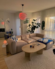 a living room filled with furniture and a large plant in the middle of the room