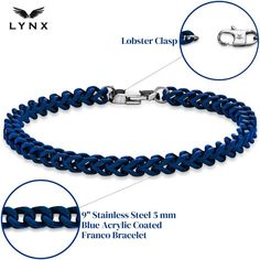 Lined with icy blue acrylic-coated chain links, this men's LYNX bracelet adds a cool touch of color to your style. Lined with icy blue acrylic-coated chain links, this men's LYNX bracelet adds a cool touch of color to your style. FEATURES Chain type: franco Length: 9 in. Chain width: 5 mm Clasp: lobster-claw Metal: stainless steel Finish: polished Packaging: boxedSETUP INFORMATION Blue Acrylic Coated stainless steel Size: 9". Gender: male. Age Group: adult. Adjustable Blue Chain Bracelet, Blue Chain Link Metal Jewelry, Chain Links, Icy Blue, Lynx, This Man, Lobster Claw, Chain Bracelet, Chain Link