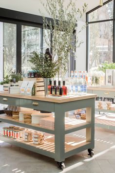 a table with some bottles on top of it in front of large windows and potted plants