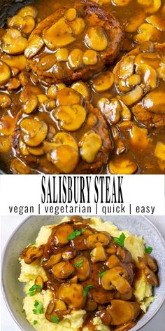 two pictures with different types of meat and vegetables in sauces on top of mashed potatoes