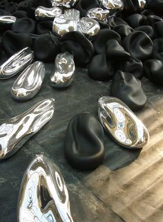 some black and silver objects are laying out on the ground in front of each other