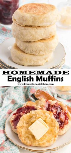 homemade english muffins with butter on top and jam in the middle are shown