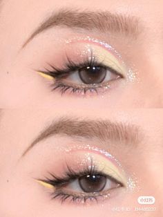 Pink And Gold Douyin Makeup, Douyin Yellow Eye Makeup, Pink Makeup Looks Douyin, Douyin Colorful Makeup, Pink Douyin Eyeshadow, Almond Eye Makeup