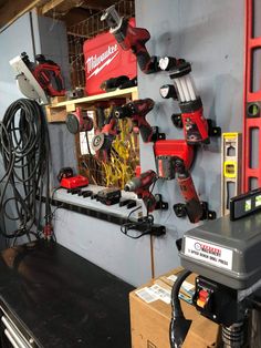 a workbench with many tools on it