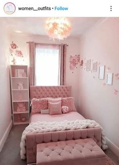 a bedroom with pink and white decor in the corner, including a tufted bed