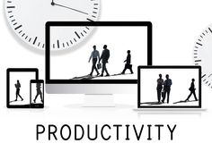 three computer screens with people walking in front of them and the words productivity on each screen