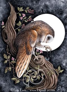 an owl sitting on top of a tree branch next to a white and gray moon